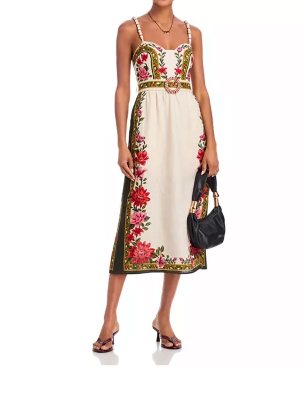 FARM Rio Cream Midi Dress with Red & Pink Floral Embroidery